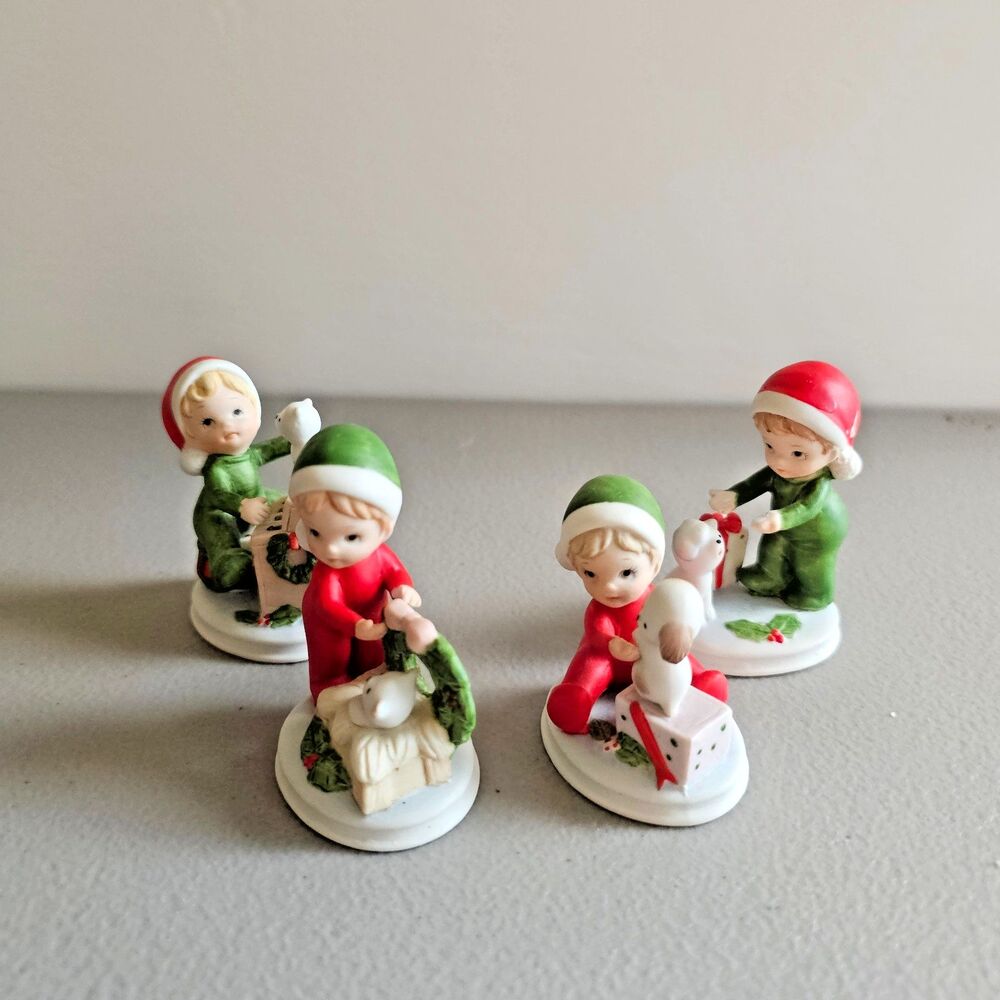 Lefton 03447 Christmas Figurines Set of 4 Child Presents Cat Dog Hand-Painted